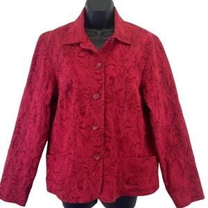 Coldwater Creek Reds Embroidered Floral Detail Comfort Stretch Button Blazer M